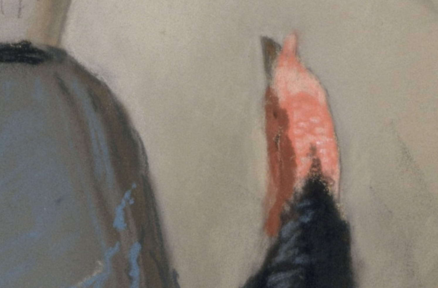 Eastman Johnson, "Feeding the Turkey," ca. 1872-80, pastel on wove paper mounted to canvas on a wooden stretcher, 61 x 35.6 cm (24 x 14 in), Metropolitan Museum of Art, New York, USA - detail of turkey's head