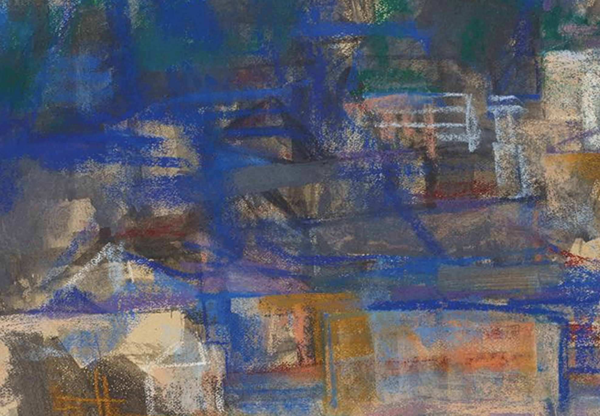 Gerhart Frankl, Salzburg III, 1962, charcoal, pastel, and gouache on paper, 48 x 63.5cm, Belvedere, Vienna, Austria - detail of blue overlay - loosen up