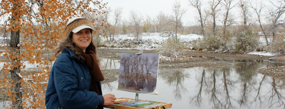 Lamya Deeb painting on location at Sawhill Ponds, working with a Heilman pastel setup.