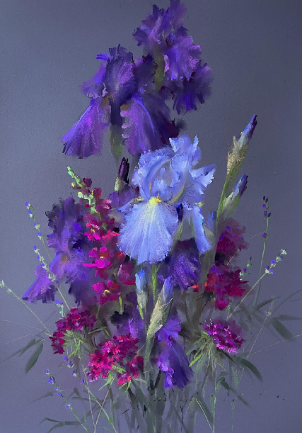 Vera Kavura, Iris and June Flowers, Soft pastels on Colourfix paper.