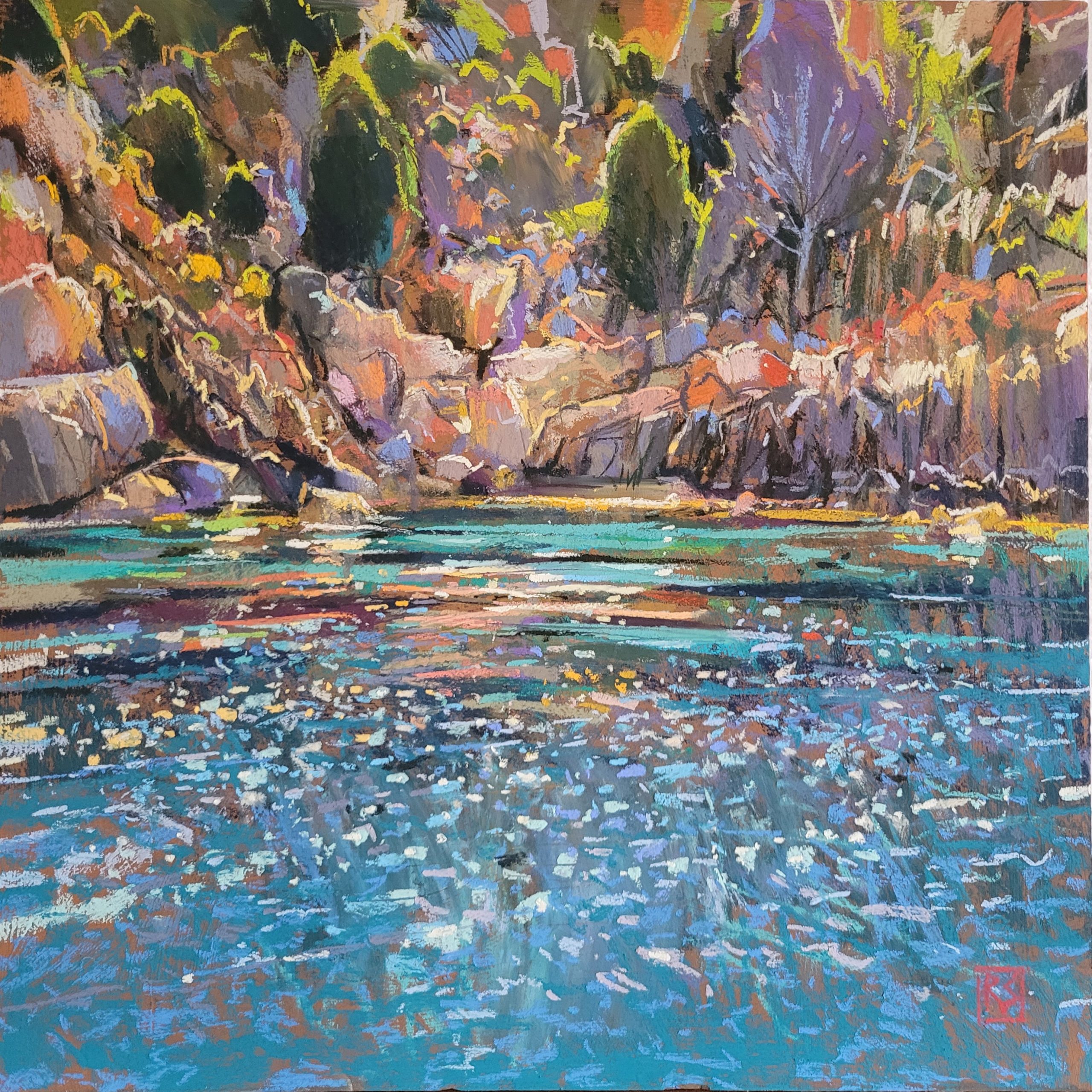 Richard Suckling, "Sardinian Shimmer," 2022, pastels on primed board, 60 x 60 cm.