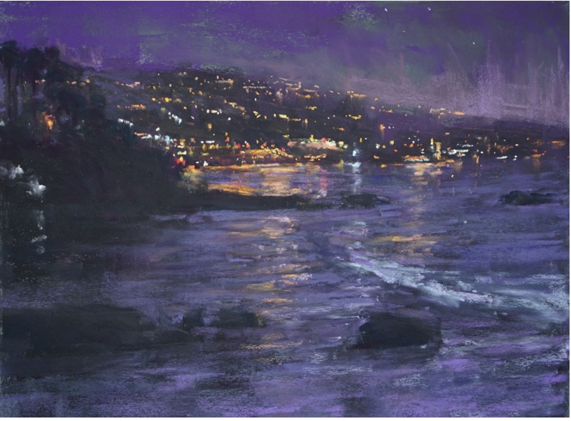 Nocturne - Aaron Schuerr, "Laguna Lights," pastel, 12 x 16 in. October 2022 Plein Air Pastel Honourable Mention.