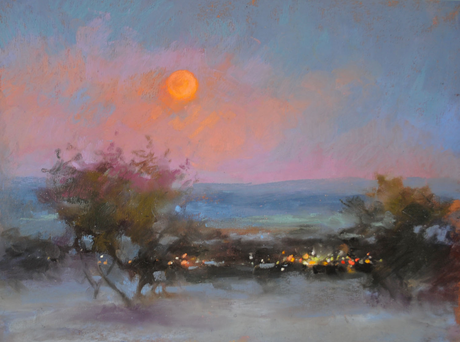 Nocturne - Christine Debrosky, "Smoky Moon," plein air, soft pastel on toned sanded paper, 9 x 12 in