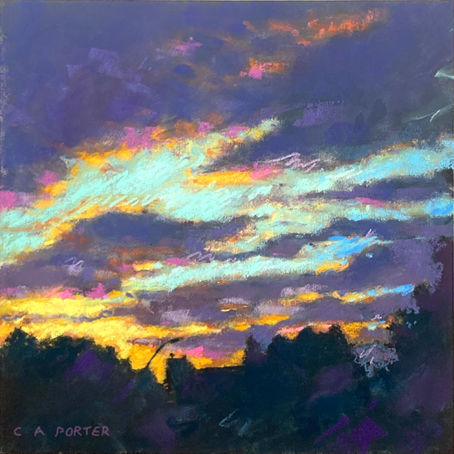 Fixative yes no yes - Clarence Porter, "Sunset Silhouette," pastel, 9 x 9 in