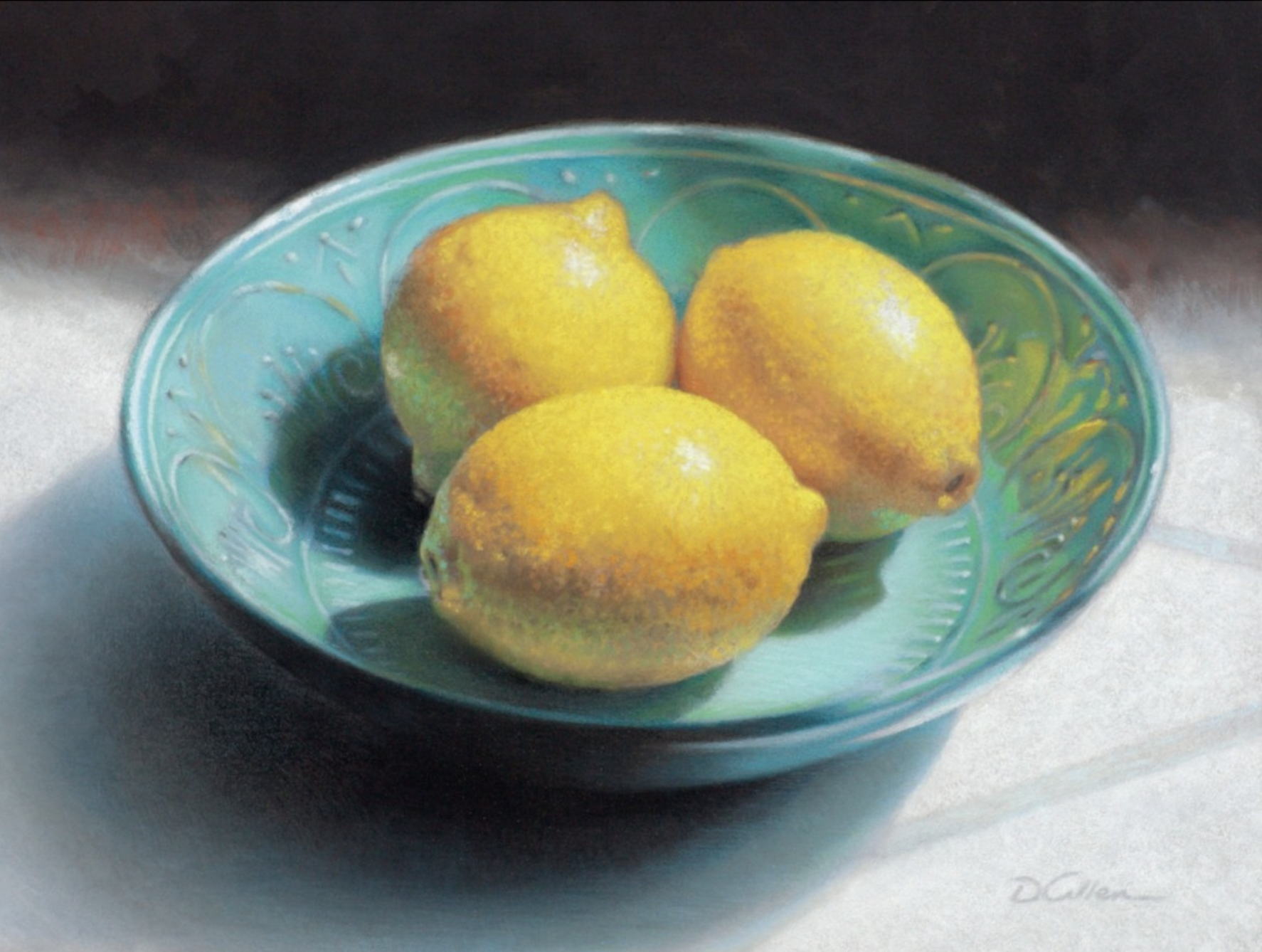 Diane Allen, "Lemons in a Blue Bowl," pastel. Honourable Mention in Dakota Art Pastels Third Quarter Contest