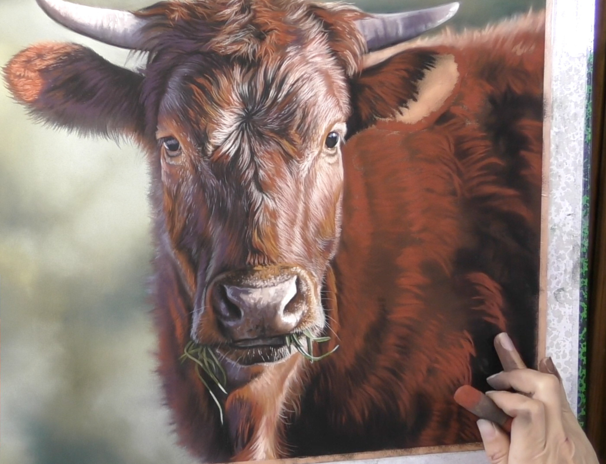 Using fixative: Emma Colbert, Cow demo, mostly Unison Colour pastels on Pastelmat, 16 x 16 in -progress2