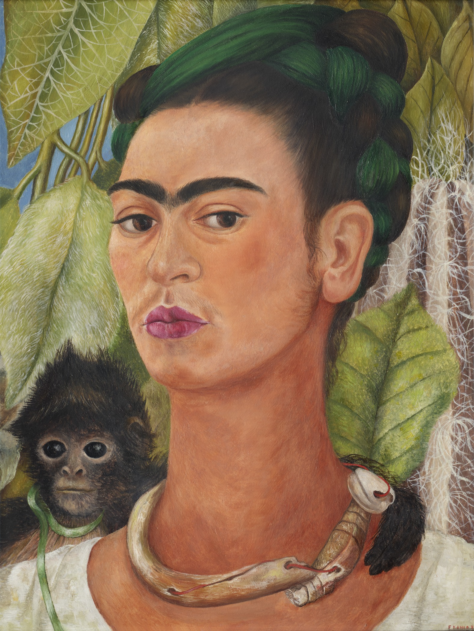 Monkey Day-Frida Kahlo, "Self-Portrait with Monkey," 1938, oil on masonite, 16 x 12 in (40.64 x 30.48cm), Albright-Knox Art Gallery, Buffalo, New York, USA.