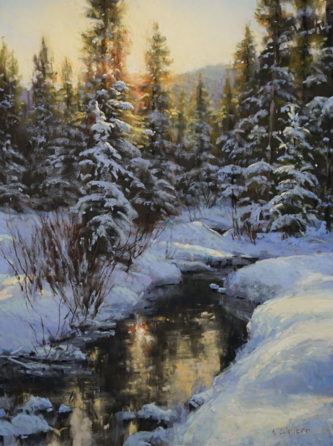 Painting snow - Aaron Schuerr, "January Reflections," pastel, no size given. HM Dakota Art Pastels Q4 Established Artist category