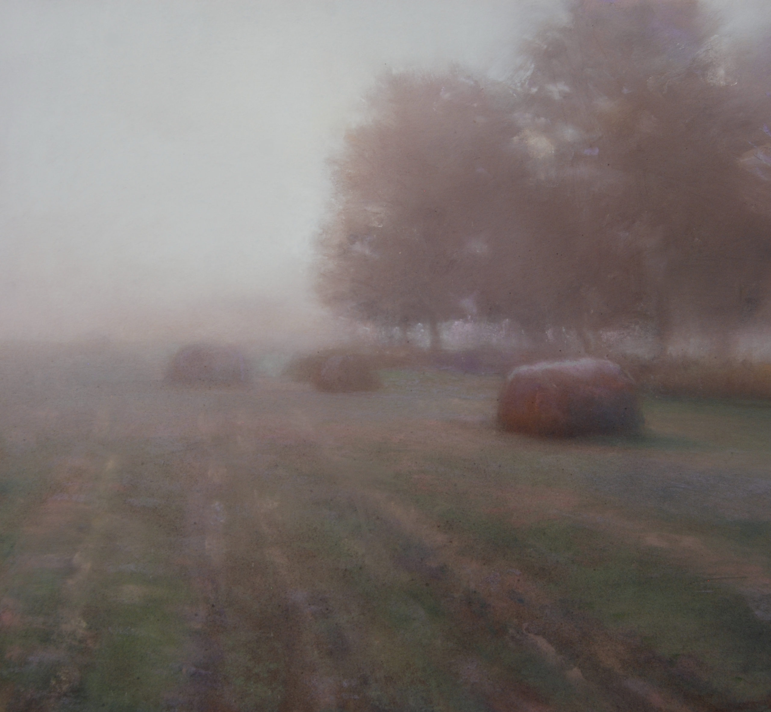 Christopher Copeland, "Haybales in a Mist," pastel, 15x15in