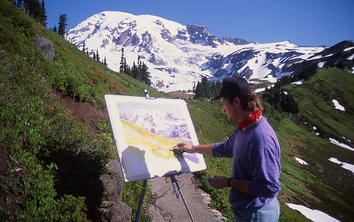 Christopher Copeland painting a larger pastel - Mount Rainier, Washington, USA
