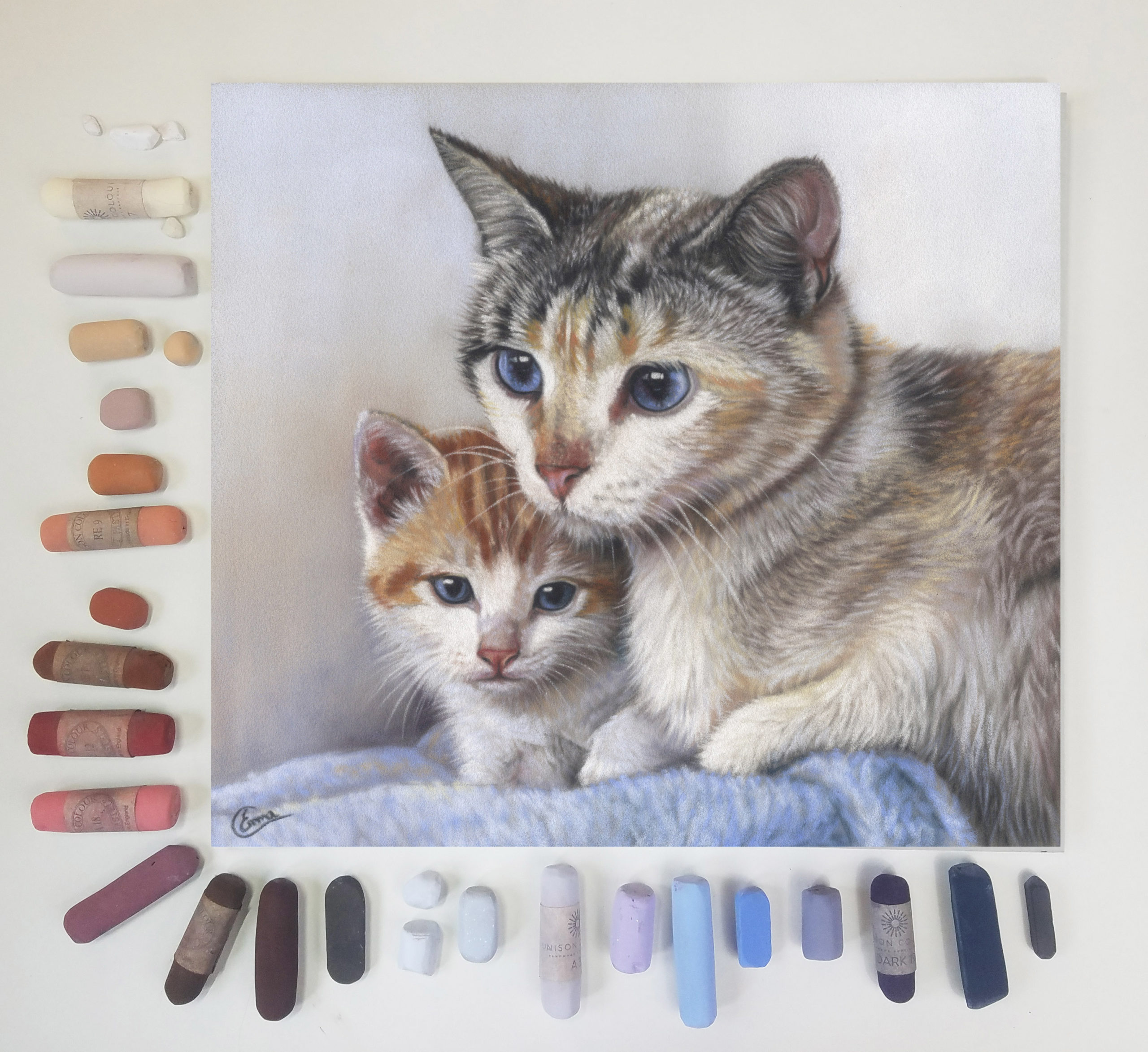 Emma Colbert, Cat and Kitten, soft pastel on velour, 12 x 10 in - choosing a colour palette