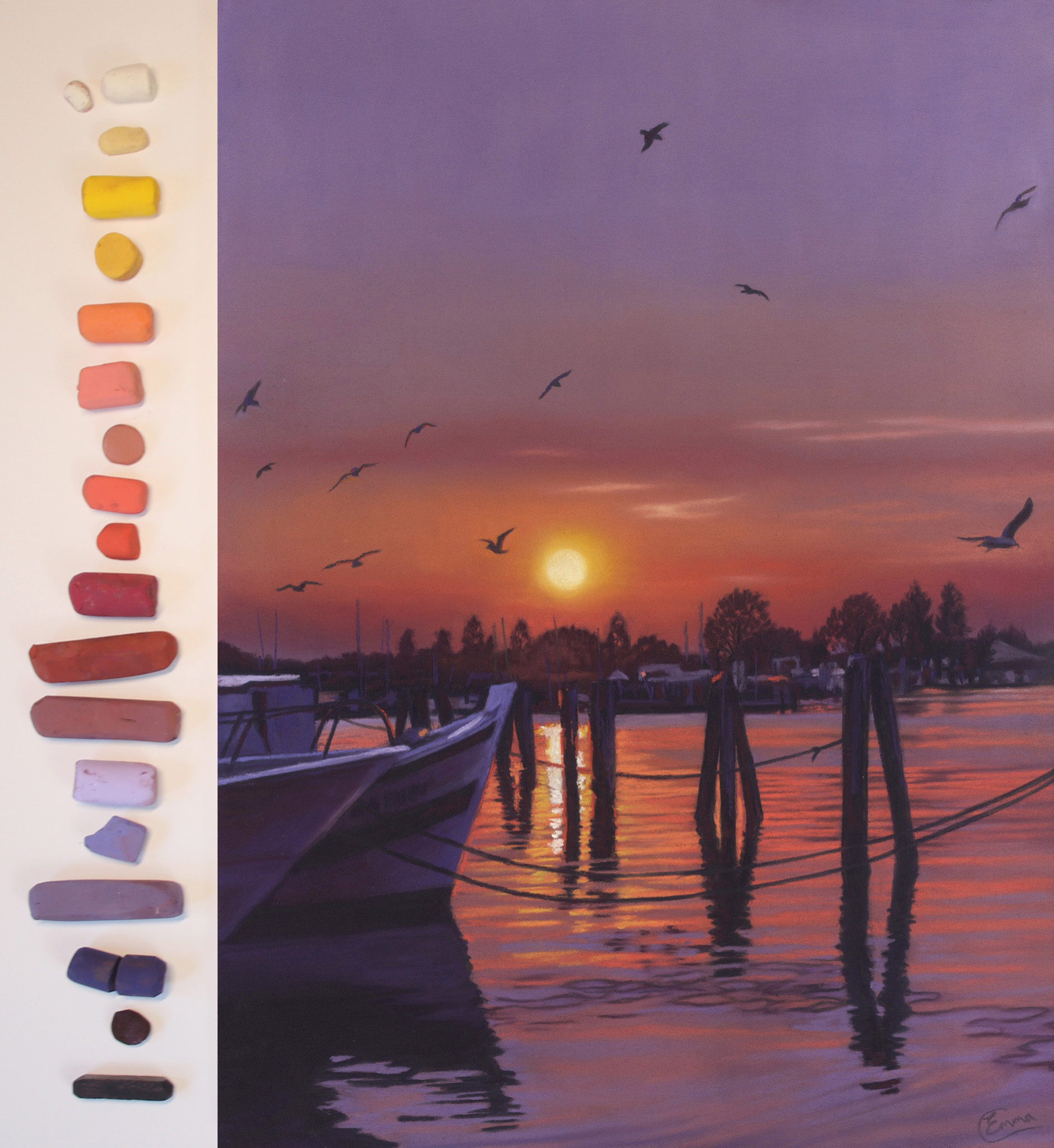 Emma Colbert, Sunset Harbour, soft pastel on Pastelmat, 16 x 12 in