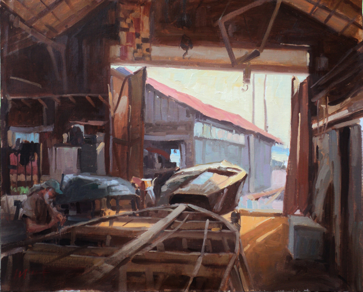 Larry Moore, "The Boat Builder," oil on canvas, 16 x 20 in. - Larry Moore