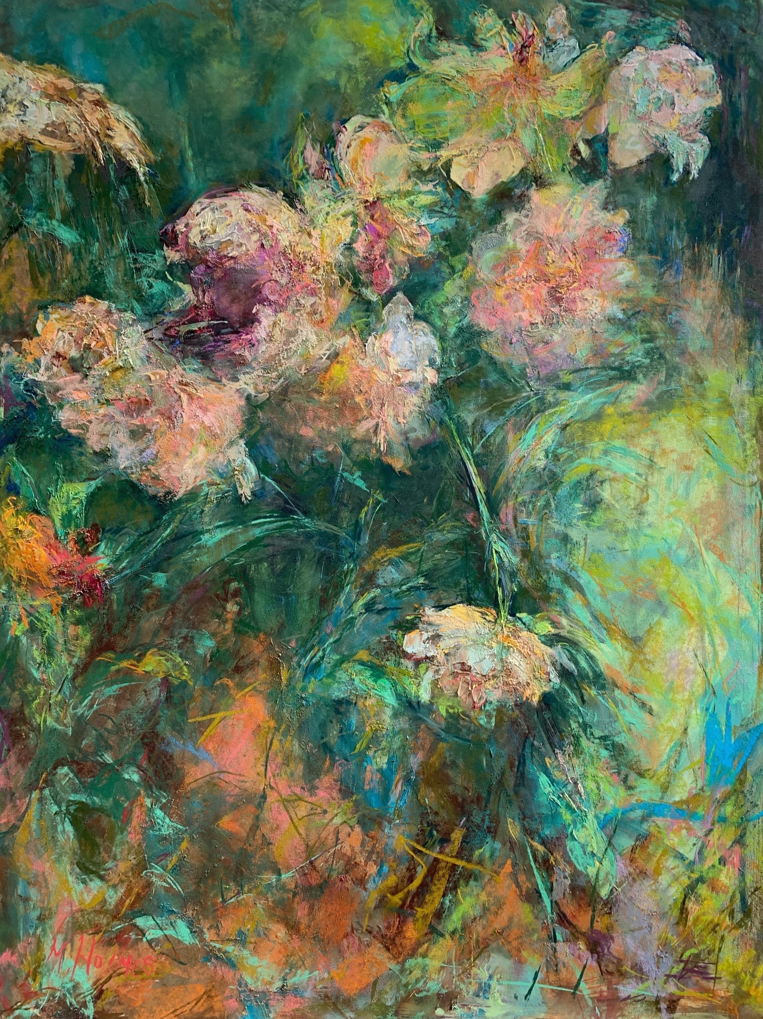 Marcia Holmes, "Garden Fascination," pastel and oil, 40 x 30 in. Private Collection