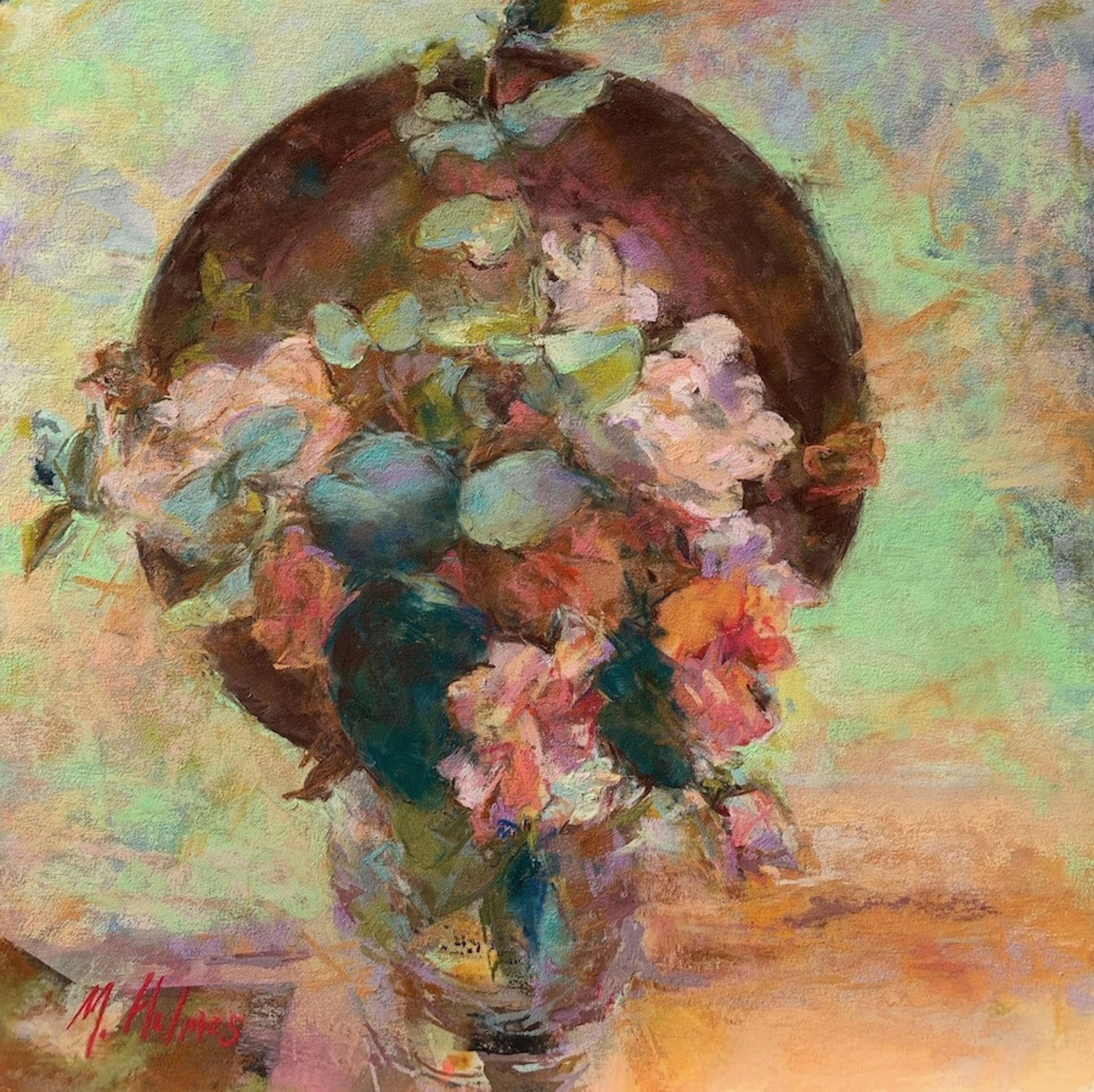 Best Floral - Marcia Holmes, "Rose and Eucalyptus Bouquet," pastel, 12 x 12 in. Private Collection