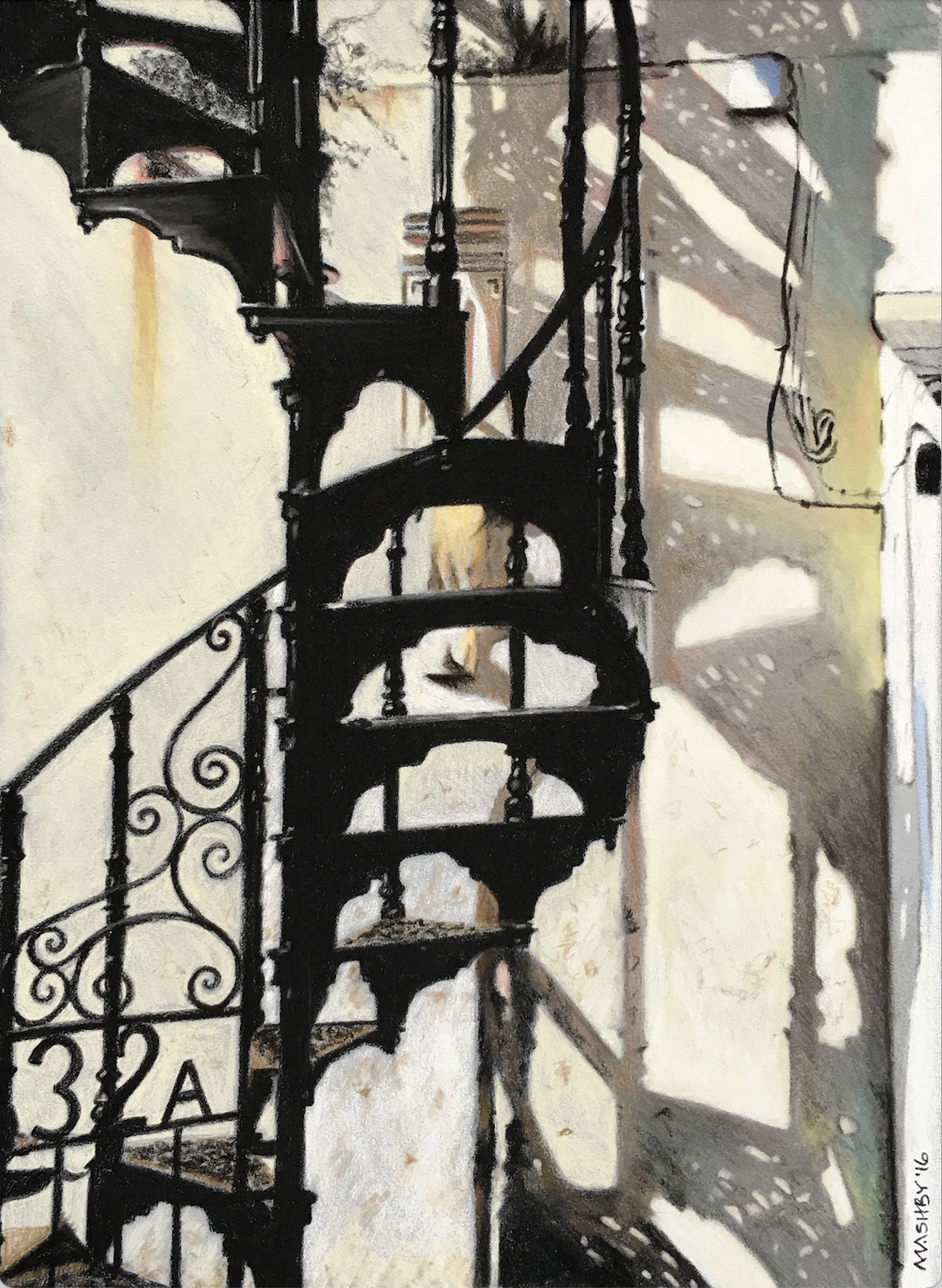paintings of spiral staircases-Michele Ashby, "32A," pastel, 29 x 21 cm