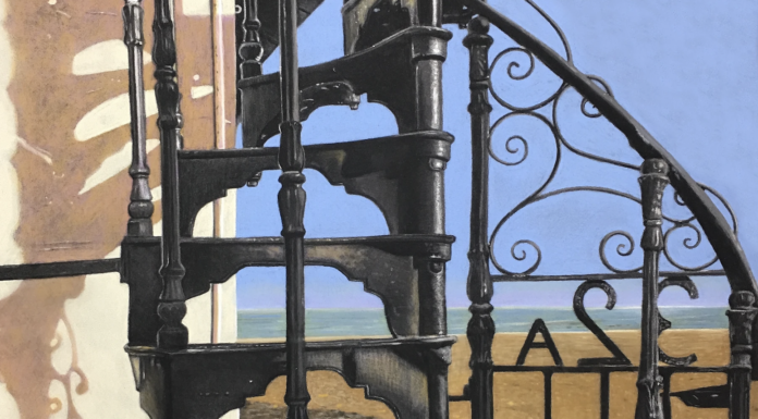 paintings of spiral staircases - Michele Ashby, "Aldeburgh Beach Lookout," pastel, 40 x 40 cm