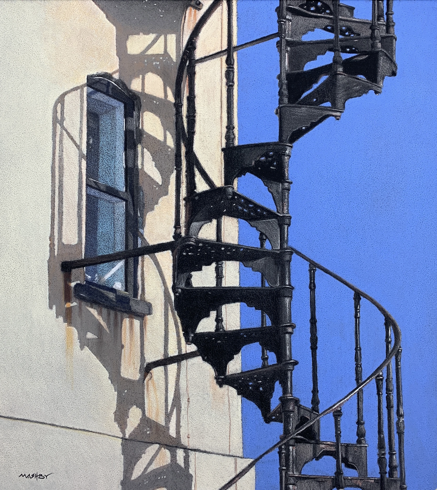 paintings of spiral staircases -Michele Ashby, "Out of the Shadows," pastel, 34 x 31 cm