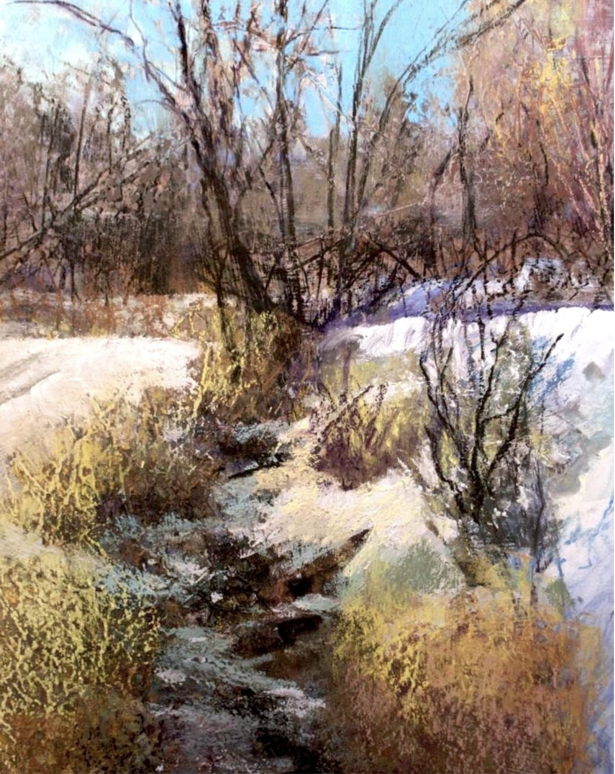 Painting snow - Tom Christopher, "Winter Waterway," pastel, no size given. HM in Dakota Art Pastels Q4 Established Artist category