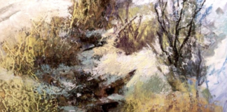 Painting snow - Tom Christopher, "Winter Waterway," pastel, no size given. Detail HM Dakota Q4 Established Artist category - feature image