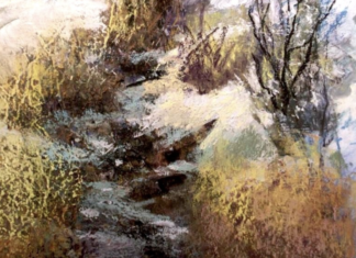 Painting snow - Tom Christopher, "Winter Waterway," pastel, no size given. Detail HM Dakota Q4 Established Artist category - feature image