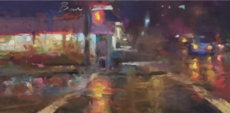 Warmth in Winter: Andrew McDermott, "Dining out at Bara41," pastel, 5 1/2 x 17 in. First Place