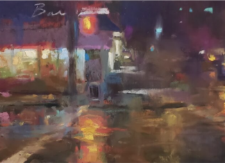 Warmth in Winter: Andrew McDermott, "Dining out at Bara41," pastel, 5 1/2 x 17 in. First Place