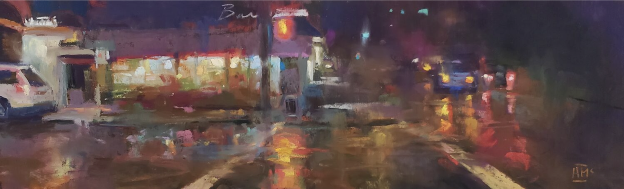 Warmth in Winter: Andrew McDermott, "Dining out at Bara41," pastel, 5 1/2 x 17 in. First Place - Warmth in Winter