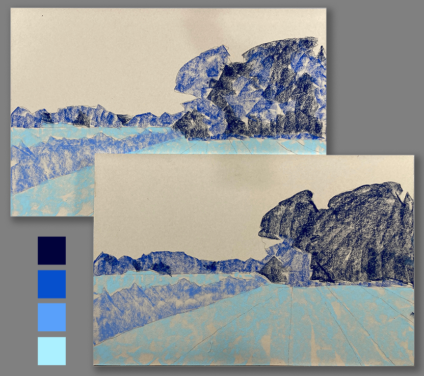 Colour wheel: Clarence Porter, the blue underpainting for his two demos.
