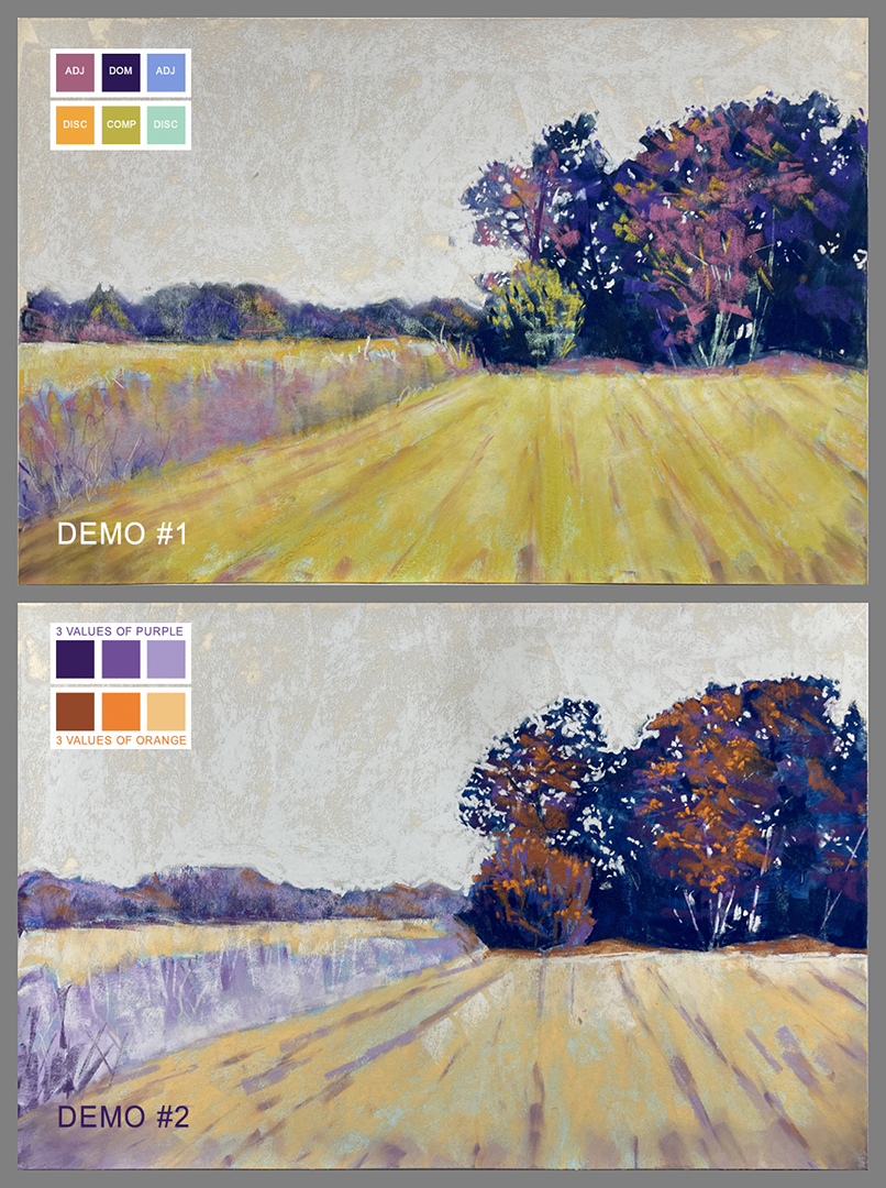 Colour wheel: Clarence Porter - two demos of the same subject showing different results. Each 12 x 18 in.