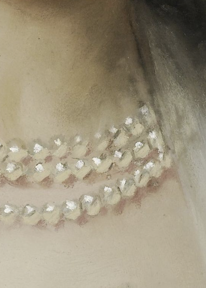 Thérèse Schwartze, "Amelia Eliza van Leeuwen," 1900, pastel on paper, 73.5 x 59 cm, C.B Tilanus Bequest, Rijksmuseum, Amsterdam, Netherlands. Detail - pearls and skin