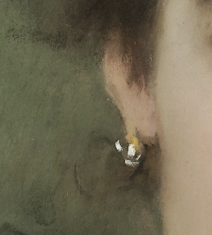 Thérèse Schwartze, "Amelia Eliza van Leeuwen," 1900, pastel on paper, 73.5 x 59 cm, C.B Tilanus Bequest, Rijksmuseum, Amsterdam, Netherlands. Detail - earring