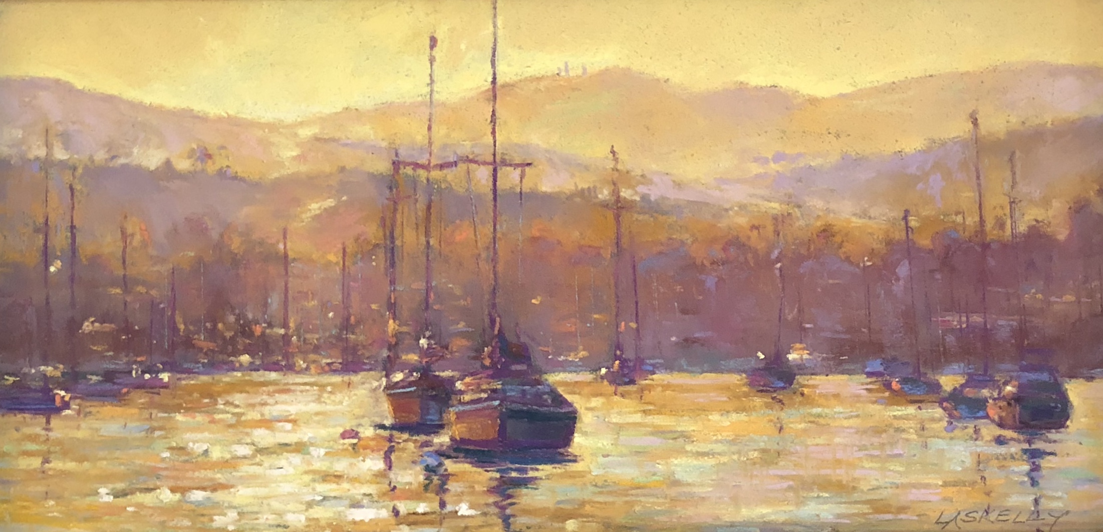 Lisa Skelly, "Harbor Sunrise," pastel, 6 x 12 in.